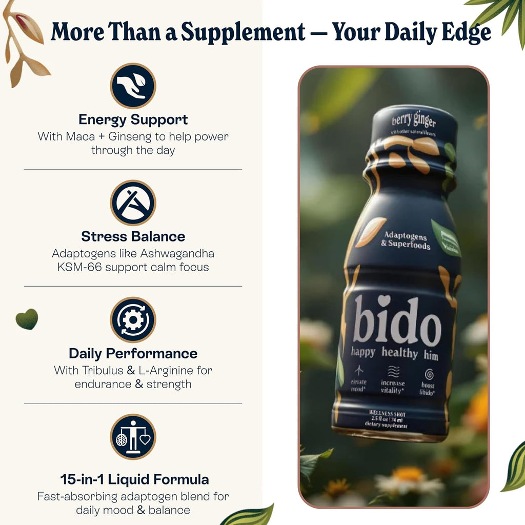 Bido | Men’s Herbal Wellness Drink | Adaptogen & Botanical Blend with Ashwagandha KSM-66, Maca, Ginseng & More | Energy & Vitality Support | Berry Ginger, 15- Pack (2.5 fl oz Each)