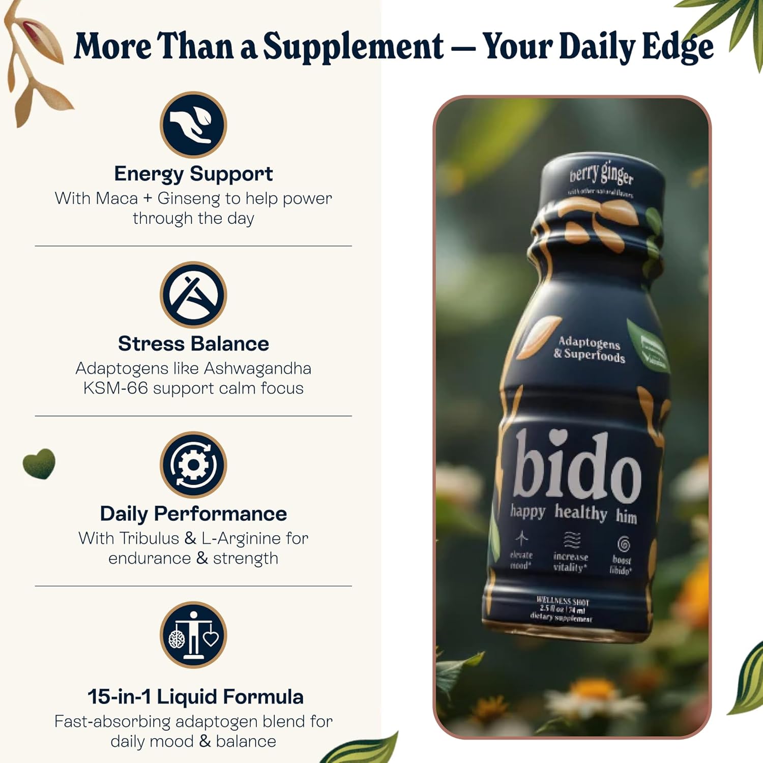 Bido | Men’s Herbal Wellness Drink | Adaptogen & Botanical Blend with Ashwagandha KSM-66, Maca, Ginseng & More | Energy & Vitality Support | Berry Ginger, 15- Pack (2.5 fl oz Each)