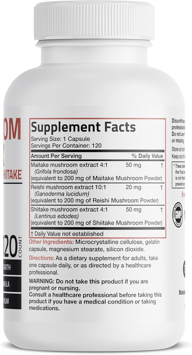 Bronson Triple Mushroom Complex - Maitake - Reishi - Shiitake - Powerful Antioxidant and Immune System Booster - Full Spectrum Mushroom Complex - 600 mg Capsules - 120 Count