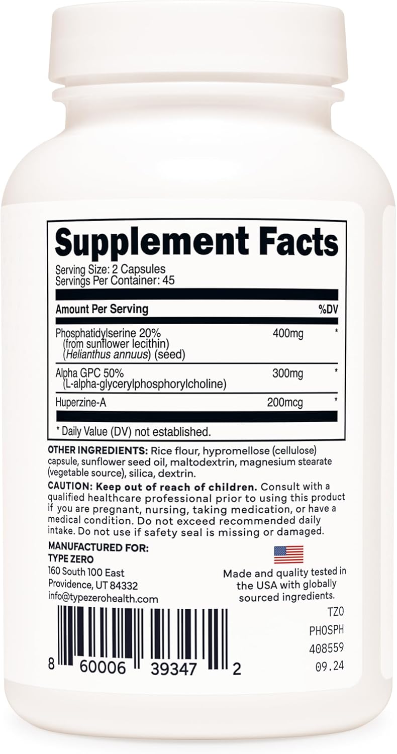 Type Zero Phosphatidylserine 3X Strength Nootropics Brain Support Supplement w/Alpha GPC, Huperzine A & Phosphatidylserine - Clean Focus & Memory Supplement for Brain Pills