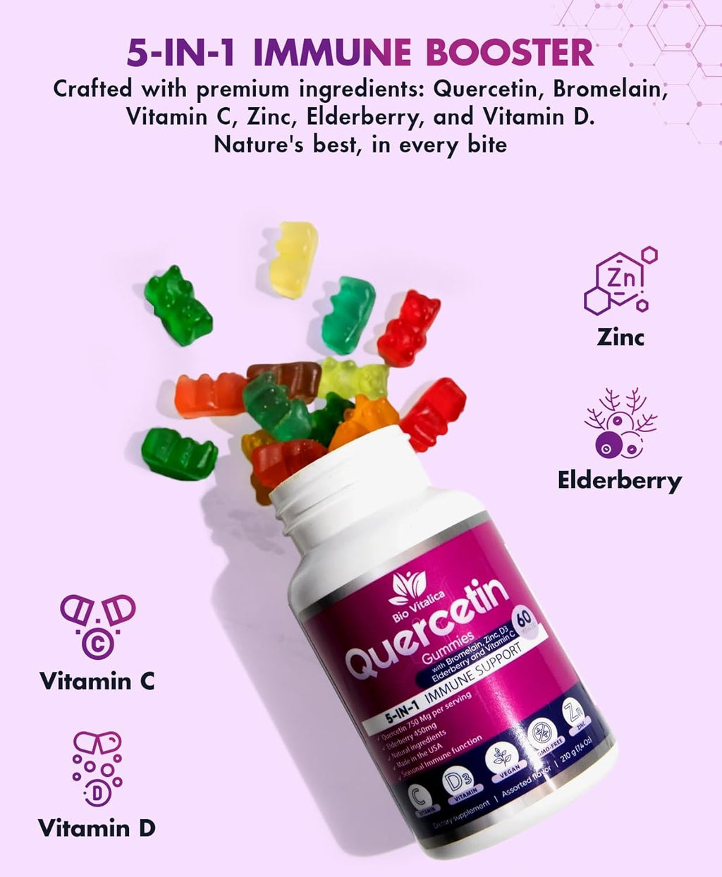 Quercetin Gummies by BioVitalica - Quercetin with Bromelain Vitamin C and Zinc & Elderberry + Vitamin D3-5 in 1 Immune Support - Zinc Quercetin 750 mg for Kids and Adult (4, Quercetin)