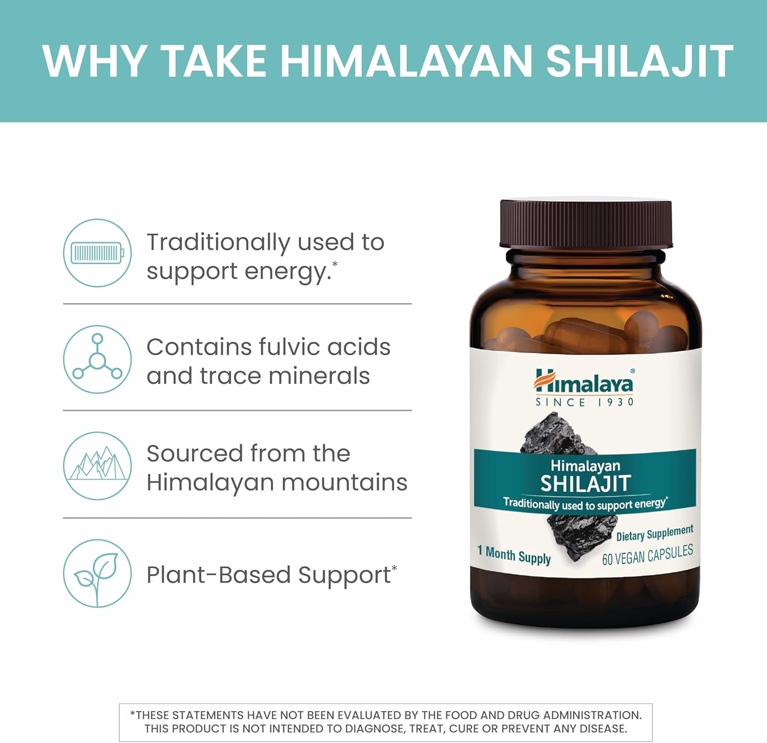 Himalaya Shilajit Extract Capsules, 60 Count, 250 mg Himalayan Shilajit Resin for Men and Women, Supports Energy