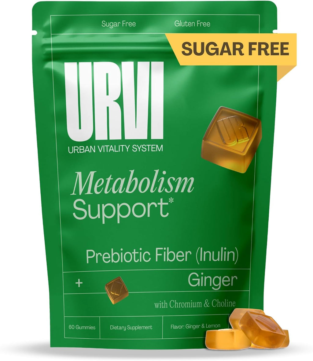 URVI® Metabolism Gummies – Inulin Prebiotic Fiber + Ginger Extract with Chromium & Choline (Minerals) – Gut Health & Digestive Support – Sugar-Free, Gluten-Free – Ginger-Lemon Flavor, 60 Count