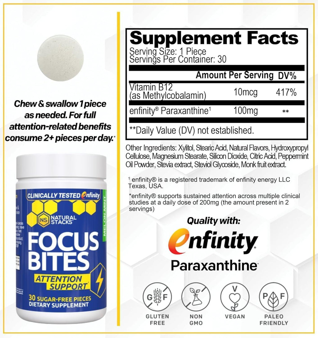 Paraxanthine Supplement 100mg - Caffeine Free Focus Supplement for Productivity & Attention Support - Clinically Tested Enfinity Paraxanthine - Jitter Free Energy Support - 30 Melon Mint Focus Bites