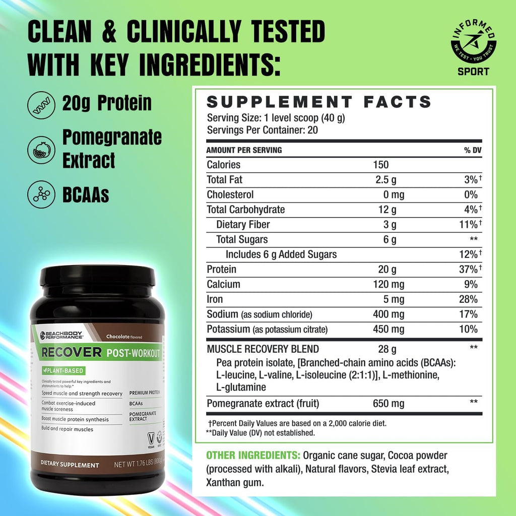 BODi Recover Plant-Based Protein Powder Blend– Post-Workout Chocolate Plant-Based Supplement for Muscle Recovery with 20g Protein, BCAAs, Pomegranate Extract - Fast Recovery - 20 Serving Tub