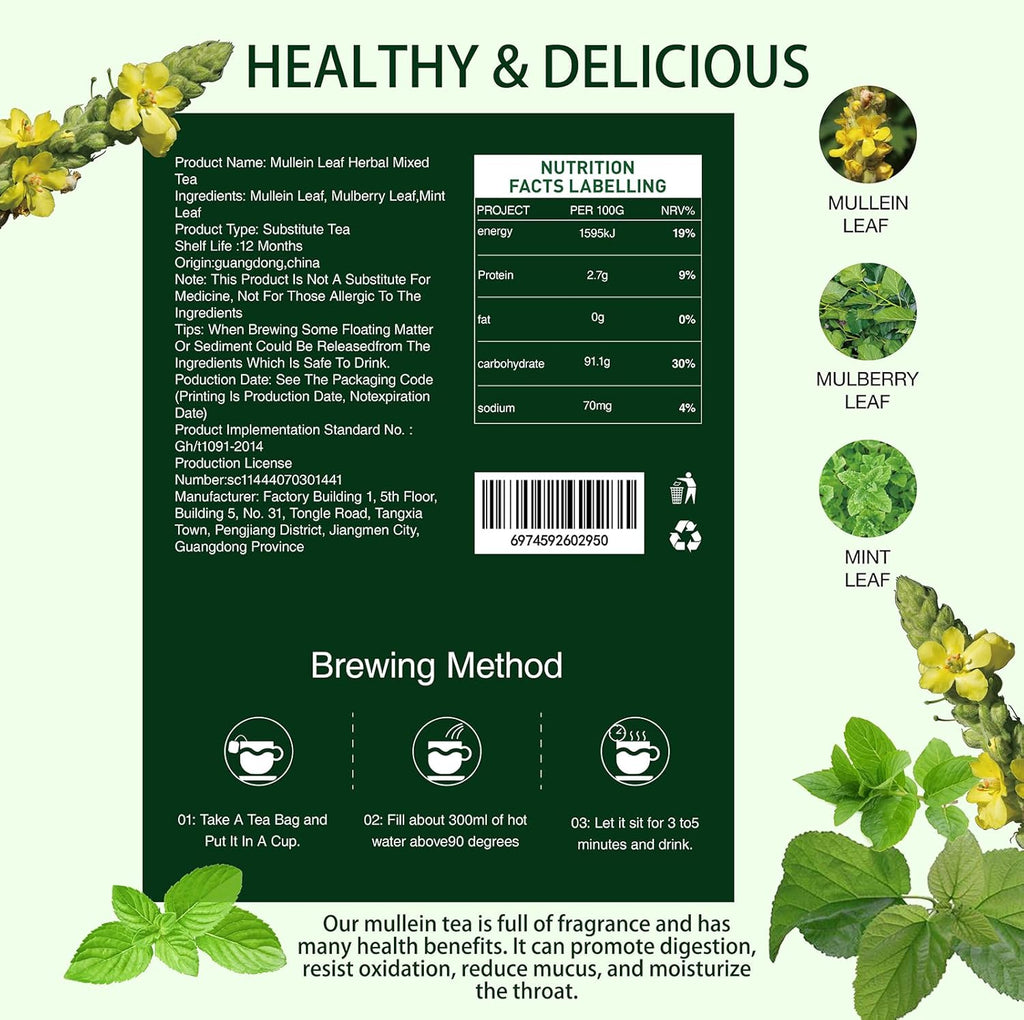 Mullein Tea Bags for Lungs - 20 Teabags (2.47oz/70g), 100% Pure Natural Premium Mullein Leaf, Mint Leaf, Mulberry Leaf for Lungs Cleanse and Respiratory Support, Herbal Teas, Caffeine Free (2 BOX)
