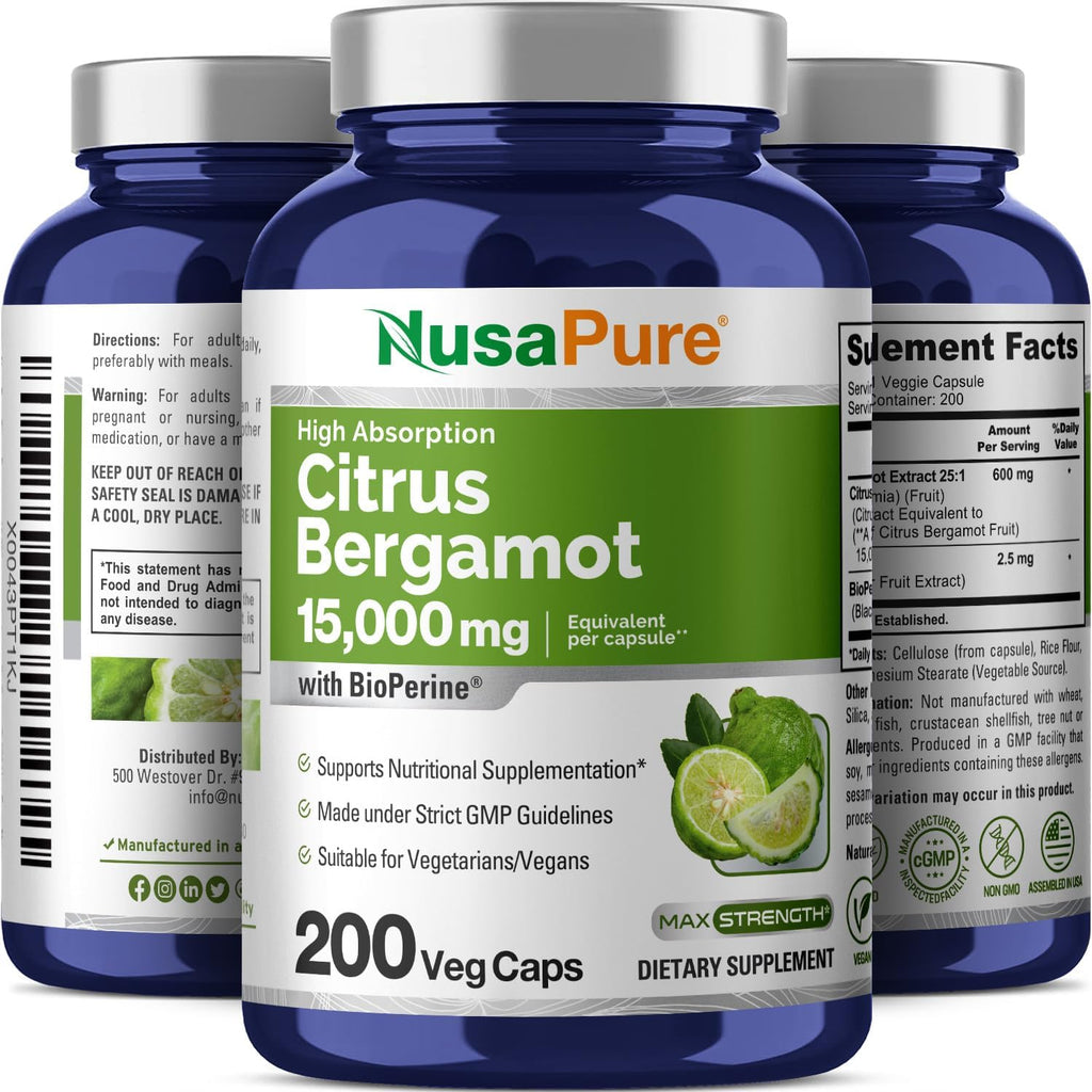 NusaPure Citrus Bergamot Capsules 15,000mg, 200 Capsules - 25:1 Bergamot Extract - 200 Servings, Bioperine, Vegan, Non-GMO