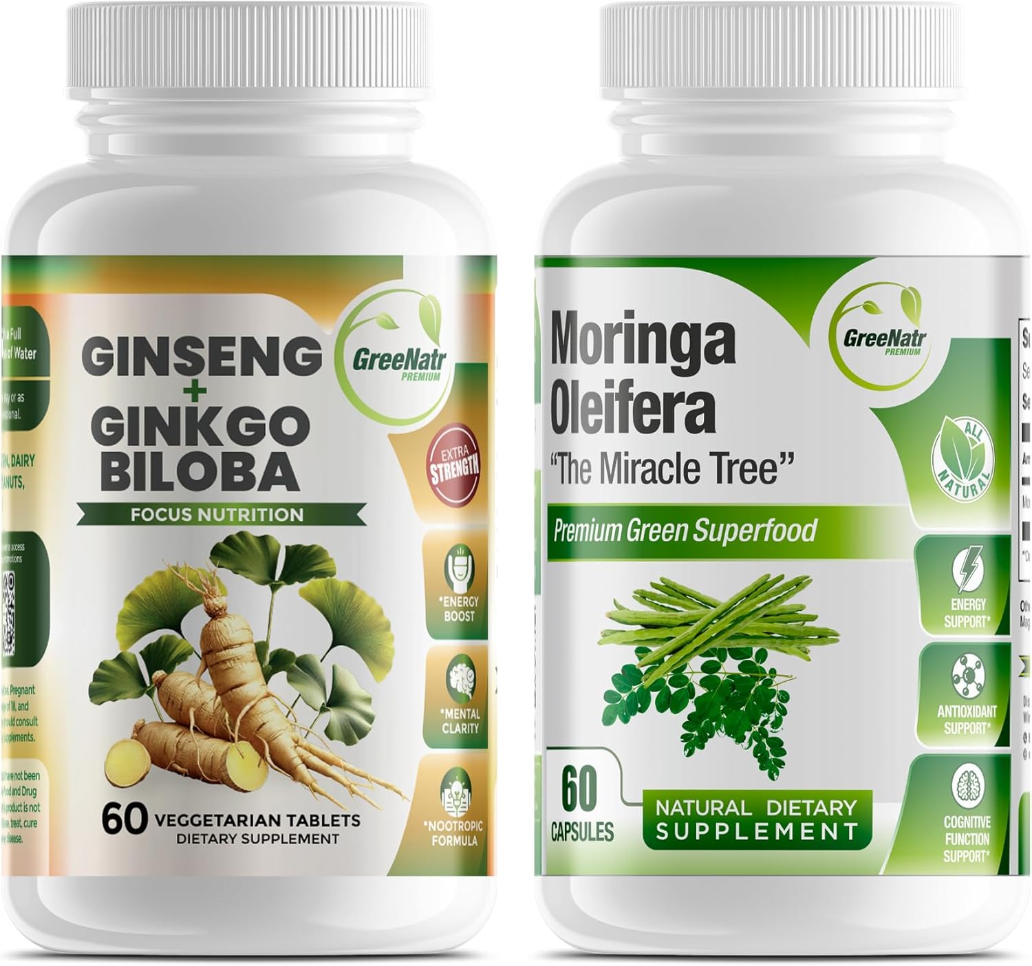 Ginkgo Biloba, Panax Ginseng Supplement and Moringa Capsules Bundle - Ginkgo Biloba Supplements for Immune Support and Energy Boost - Moringa Supplement for Concentration and Good Memory