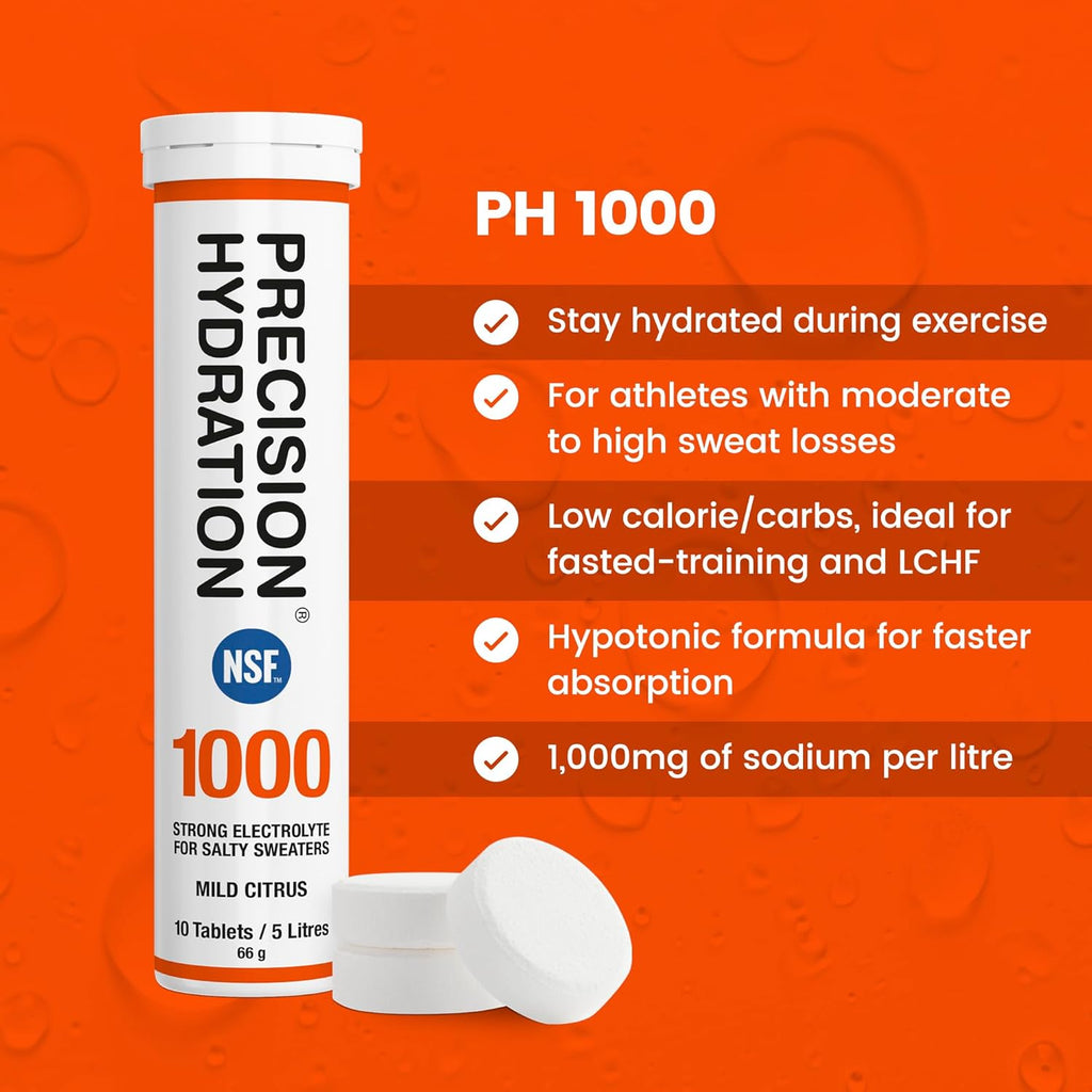 Precision Hydration Electrolyte Tablets - Multi Strength Effervescent Hydration Tablets - Combats Cramp - Low Calorie, Gluten Free, Vegan/Vegetarian Friendly (12 Tubes, 1000mg/L - Orange Tube)