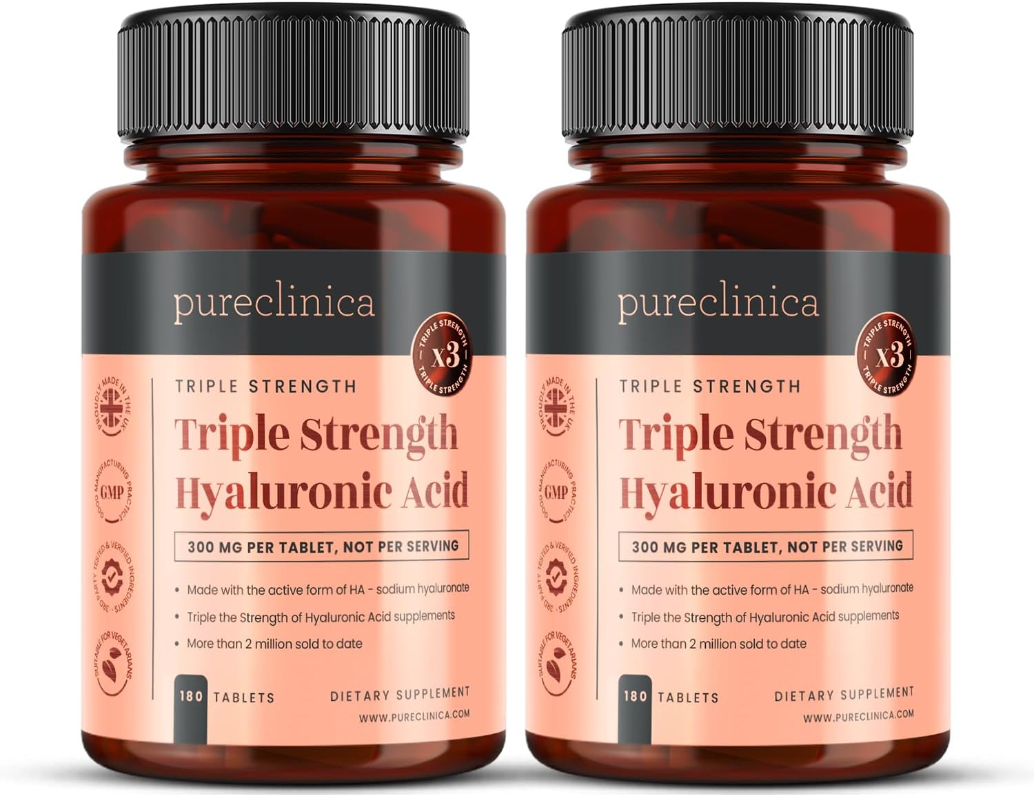 pureclinica Hyaluronic Acid 300mg x 360 Tablets (2 Bottles of 180-12 Months Supply). Triple Strength Hyaluronic Acid. 300% Stronger Than Any Other HLA Tablet.