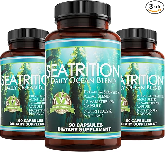 Seatrition Immune Thyroid Support Pure 12 Whole Seaweed Plants Vegan Friendly (3 Month Supply) Natural Multi Vitamin Sea Minerals Wholefood Nutrition Supplement 90 Veg Capsules - 3 Pack