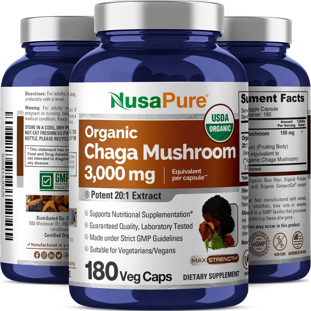 NusaPure Chaga Mushroom 20:1 Extract, 150 mg Equivalent to 3,000mg per Veggie Capsule, 180 Count, USDA Organic, Vegan, Non-GMO