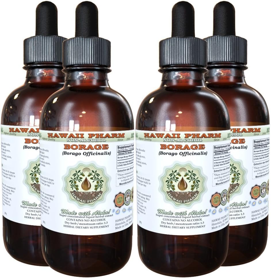 Borage Alcohol-Free Liquid Extract, Borage (Borago Officinalis) Dried Flower and Herb Glycerite Hawaii Pharm Natural Herbal Supplement 4x4 oz