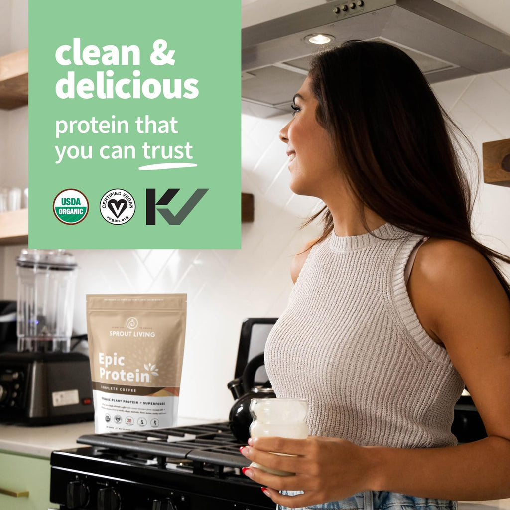Sprout Living, Epic Protein, Plant Based Protein & Superfoods Powder, Complete Coffee | 20 Grams Organic Protein Powder, Adaptogens, Mushrooms, Vegan, Non-GMO, Gluten Free (2 Pound, 24 Servings)