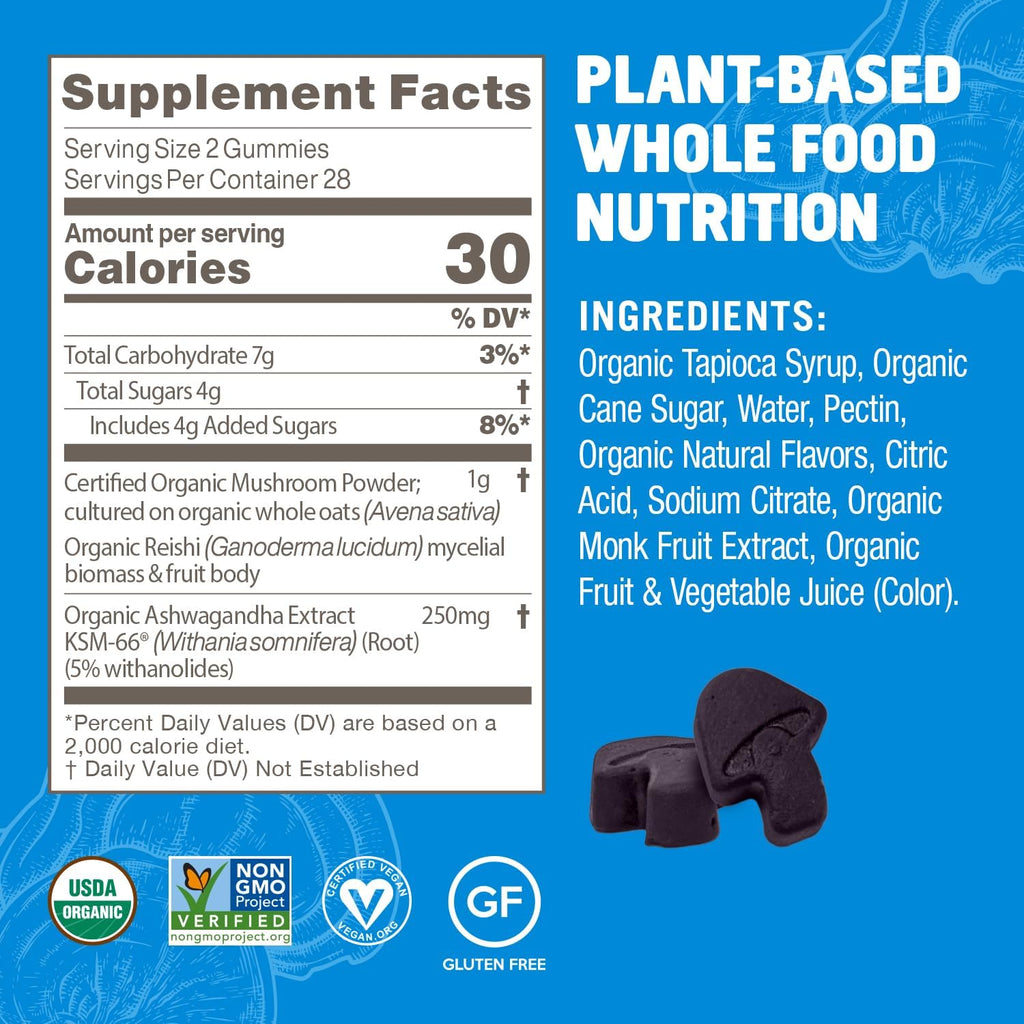 OM MUSHROOM SUPERFOOD Relax Gummies, 28 Servings, Blueberry Gummy Supplement with Reishi and Ashwagandha for Stress Relief