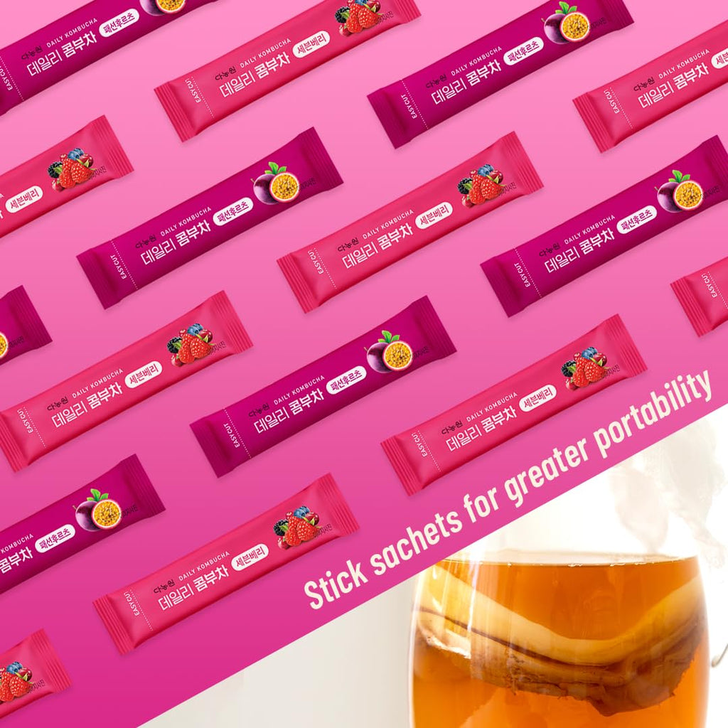 KAYFOOD-Kombucha-Peach-Garden-Daily Zero Sugar, Diet, Gut Healthy Sparkling Beverage, Fermented Korean Drinks for Iced, Hot, Workout Tea (10ST) (10ST, Passion Fruit&berry)