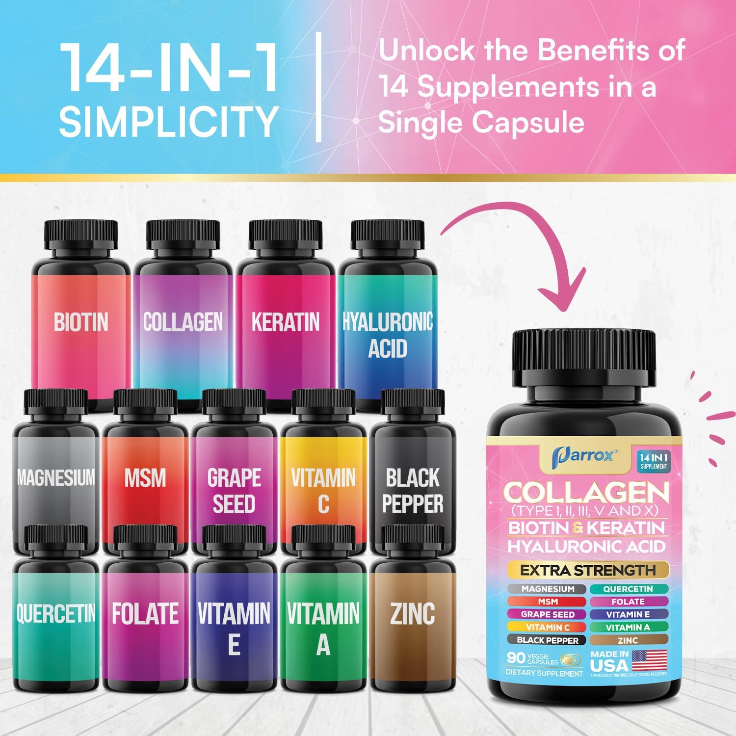 Collagen Peptides Types I, II, III, V & X, MCG Biotin, Keratin, Hyaluronic Acid, MSM, Zinc, Grape Seed Extract, Quercetin, Vitamin A, C & E, Folate, Black Pepper, Magnesium, Folic Acid (2 Pack)