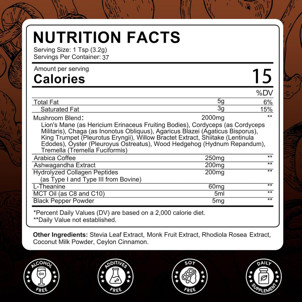 2 Pack Mushroom Coffee Powder, 10 Adaptogenic Mushrooms And MCT Oil, Hydrolyzed Collagen, Instant Coffee with Lion's Mane, Chaga, L-Theanine for Energy, Focus, Digestion and Immunity, 320G