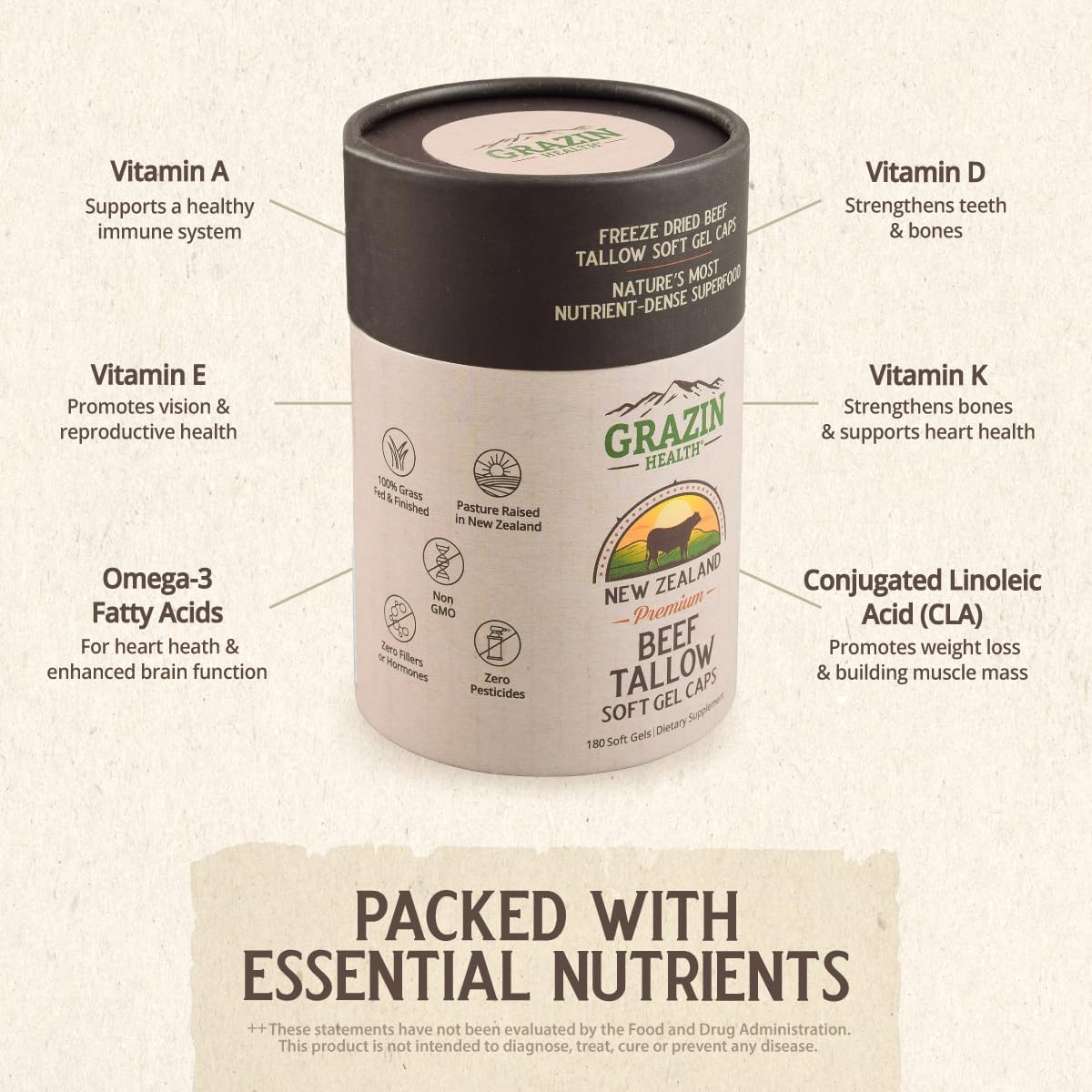 Grass Fed Beef Tallow Capsules (30 Day Supply)