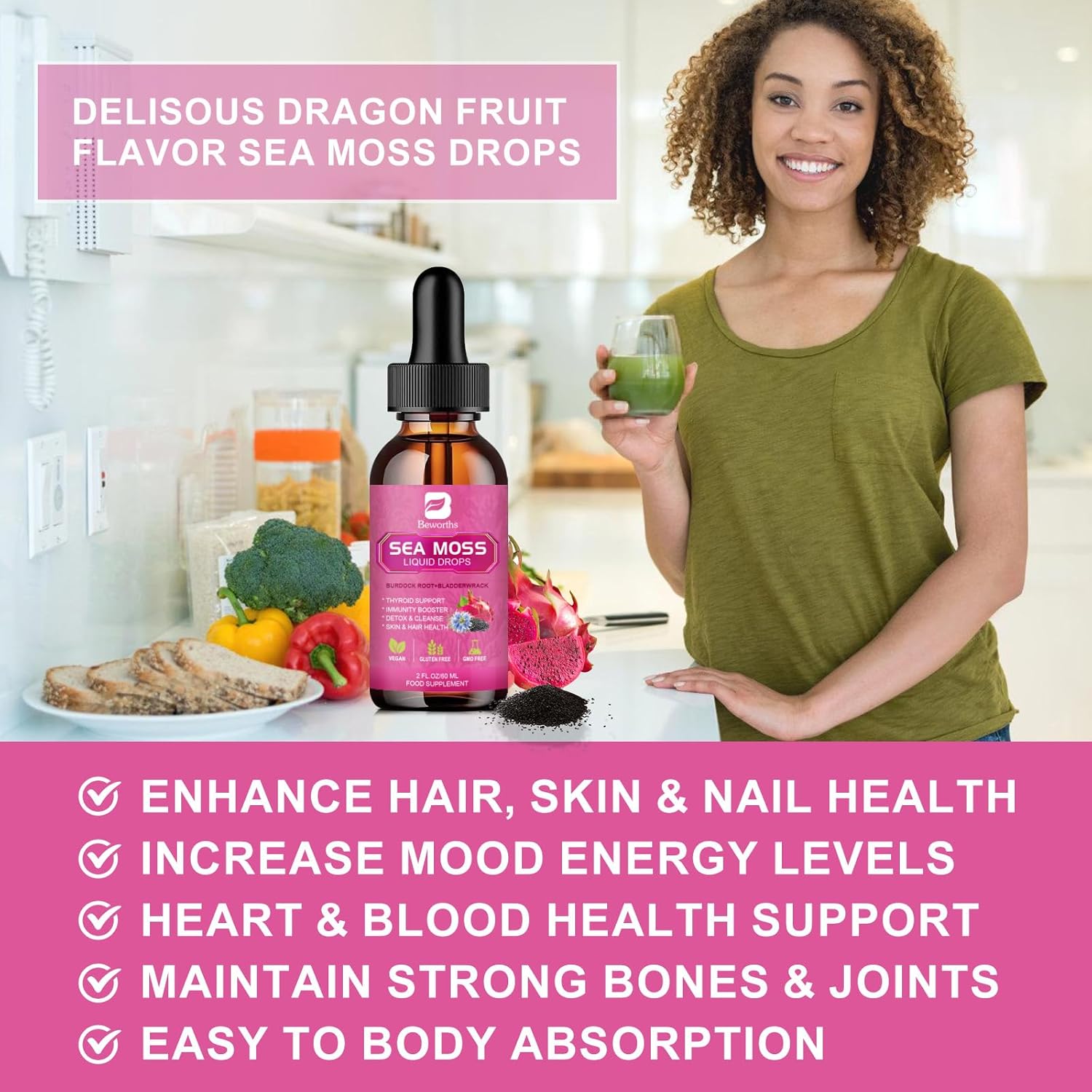 Sea Moss Liquid Drops - Organic Black Seed Oil Irish Sea Moss Gel with Burdock Root, Bladderwrack, Elderberry, Vitamin C, D3, 6X Stronger Seamoss Gel for Digestive, Hair Health - Vegan
