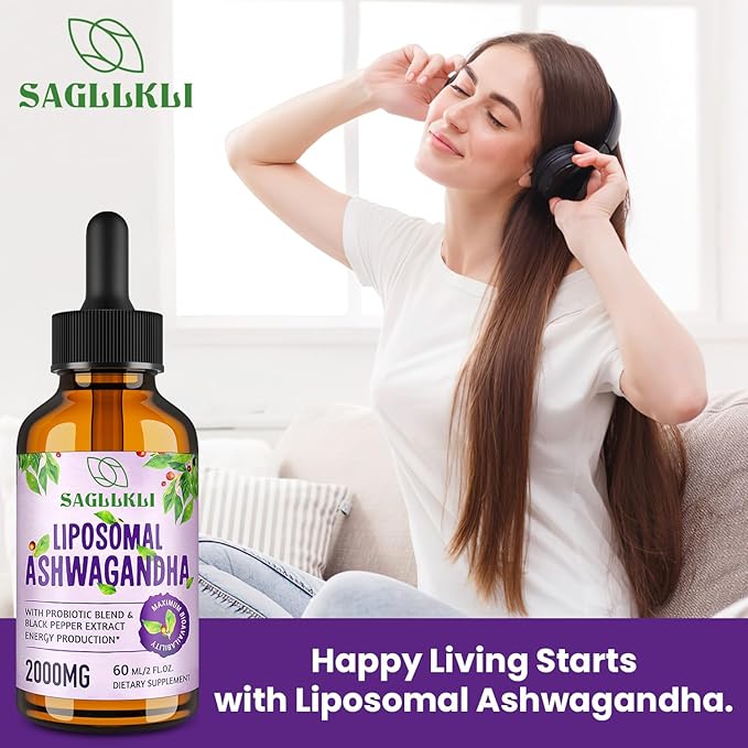 Liposomal Ashwagandha Liquid Drops 2000mg, Ashwagandha Root Extract Supplement (7% Withanolides) with Black Pepper Extract & Probiotics for Focus, Cognition & Energy - 2 FL.OZ (1 Bottle)