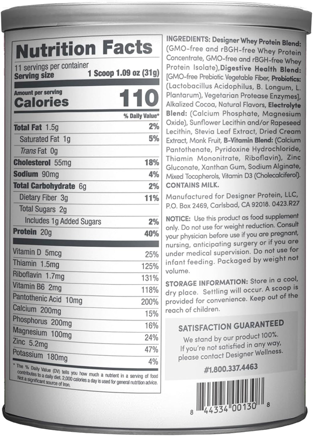 Designer Wellness, Designer Whey, Natural Whey Protein Powder with Probiotics, Fiber, and Key B-Vitamins for Energy, Gluten-Free, Gourmet Chocolate, 12oz