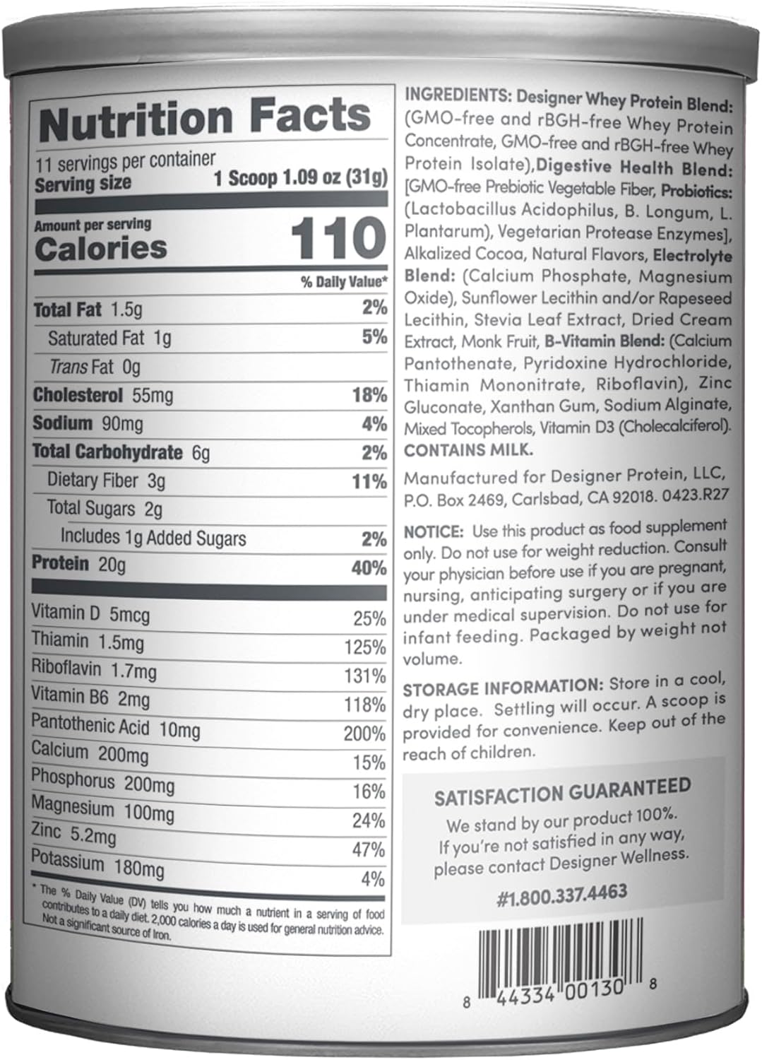 Designer Wellness, Designer Whey, Natural Whey Protein Powder with Probiotics, Fiber, and Key B-Vitamins for Energy, Gluten-Free, Gourmet Chocolate, 12oz