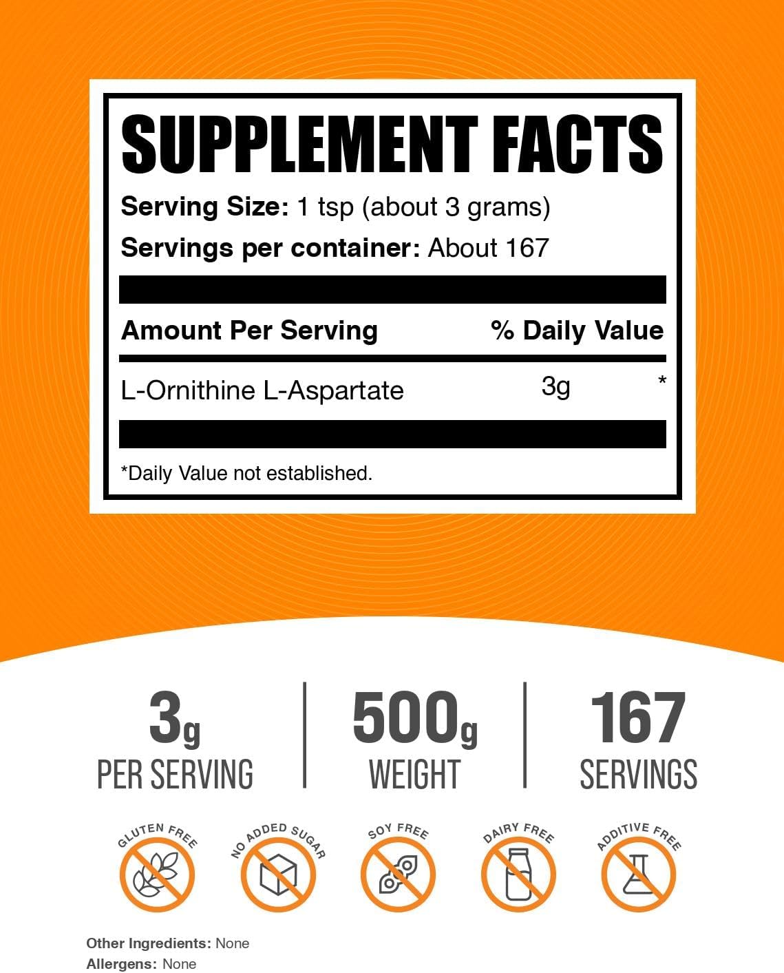 BulkSupplements.com L-Ornithine L-Aspartate Powder - Ornithine Supplement, Amino Acid Supplement - Gluten Free, 3g per Serving, 500g (1.1 lbs) (Pack of 1)