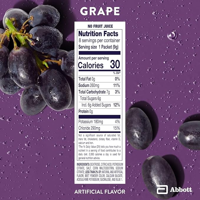 Pedialyte Electrolyte Powder, Hydration Drink for Kids & Adults, Grape, 8 Powder Packets