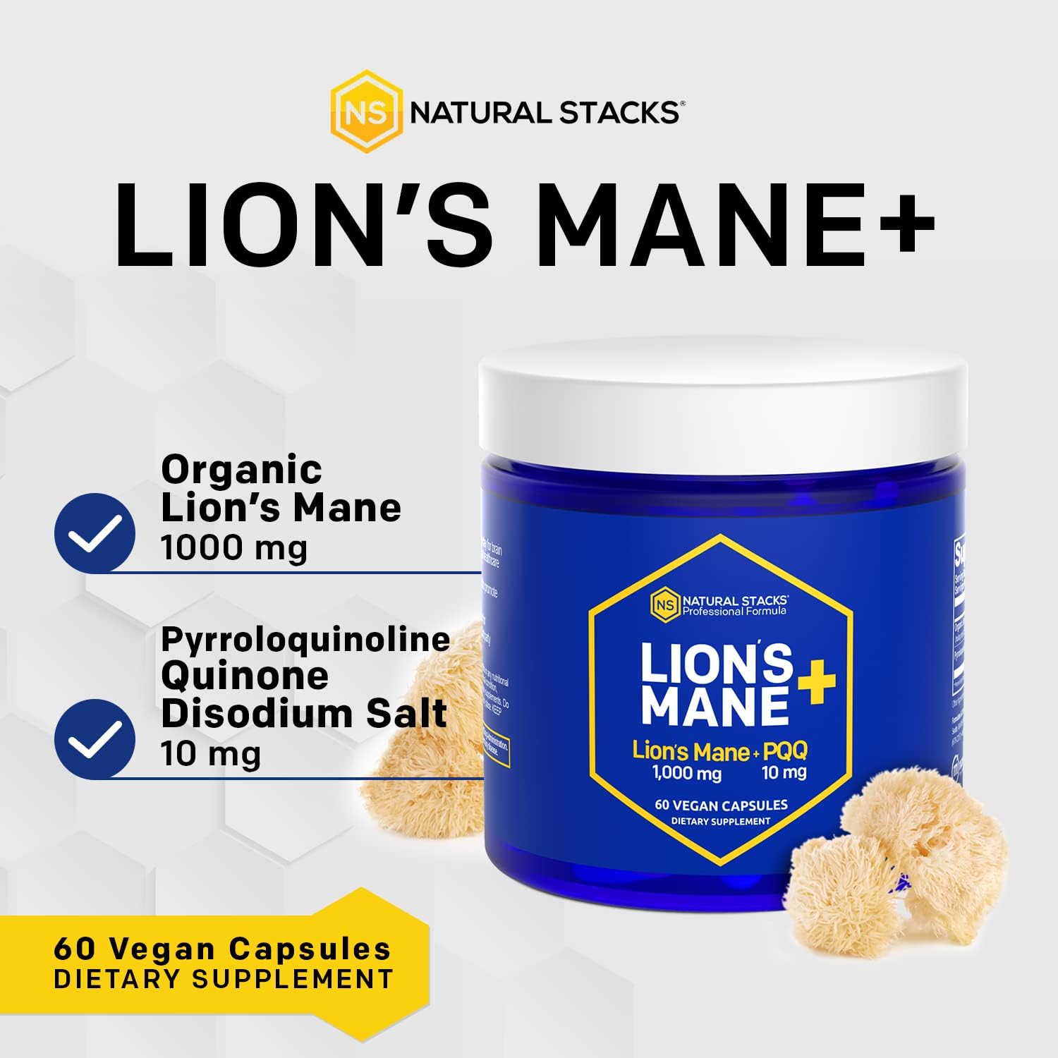 Organic Lions Mane Supplement Capsules - 1000mg Lions Mane Mushroom with 10mg PQQ - Brain Cell Optimizer for Memory, Learning, Mitochondrial Function - 60 Fruiting Body Mushroom Capsules