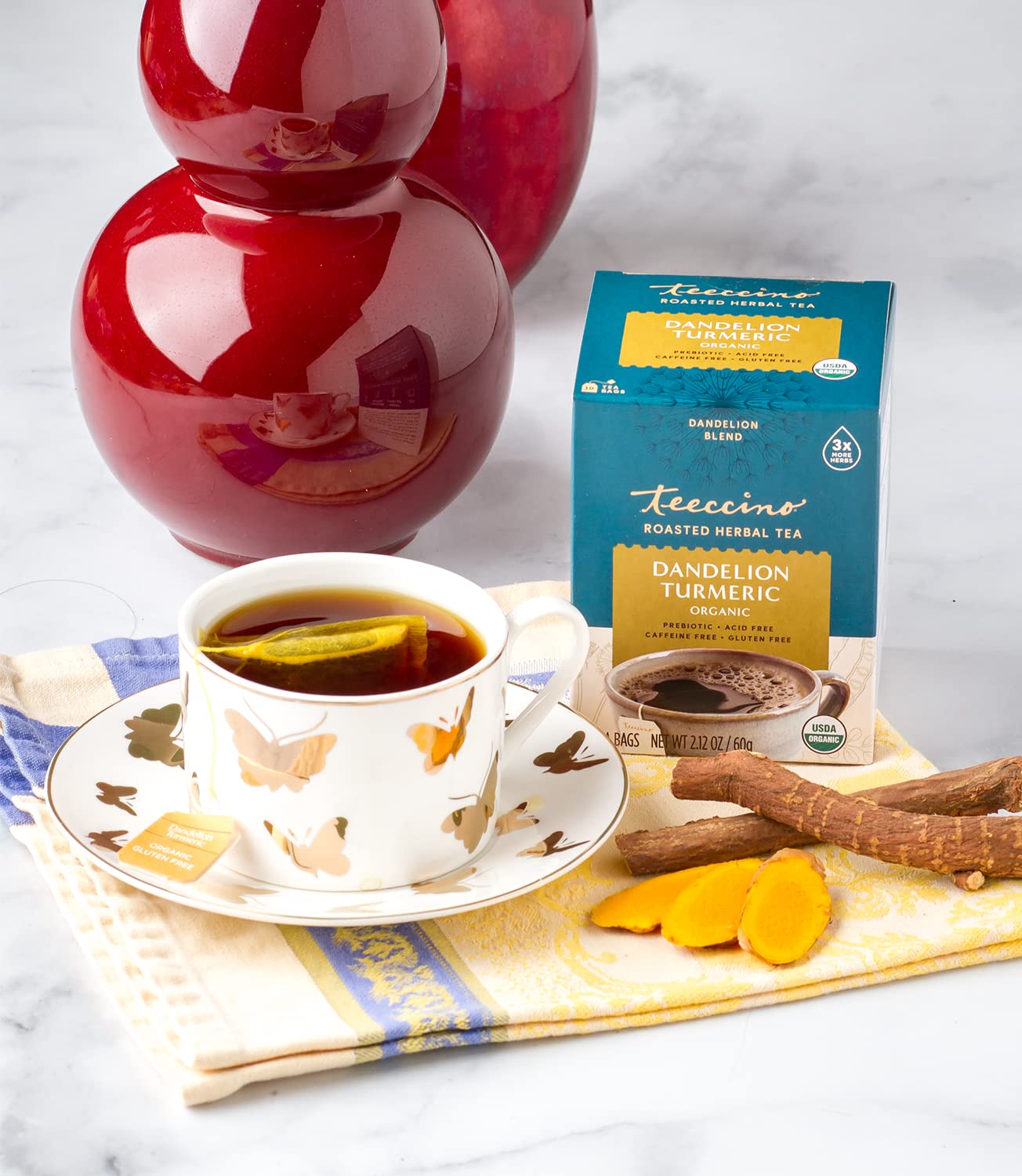 Teeccino Dandelion Turmeric Tea - Caffeine-Free, Organic, Roasted Herbal Tea with Prebiotics, 3x More Herbs than Regular Tea Bags, Gluten Free - 25 Tea Bags