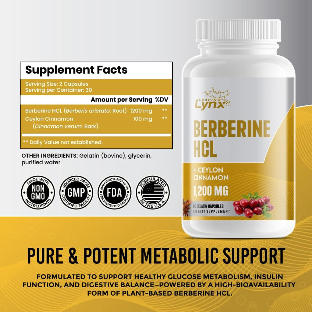 Organic Berberine with Ceylon Cinnamon 1200mg - Premium Berberine Supplement High Purity Extract USDA Organic, Support Immune System, Berberine Plus Complex, Non-GMO Vegan for Men Women 60 Capsules
