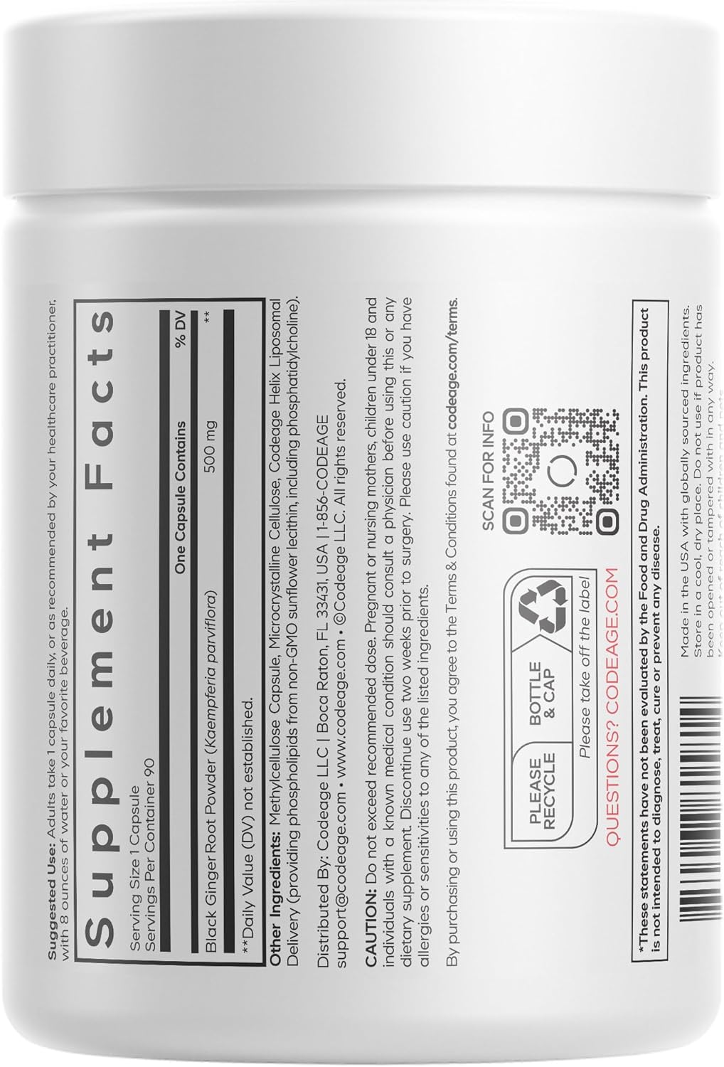 Codeage Liposomal Black Ginger Supplement - Kaempferia Parviflora Root Powder - 3-Month Supply - Ginger Root Pills and Herbal Root - Liposomal Delivery - 1 Capsule Per Serving - Non-GMO - 90 Capsules