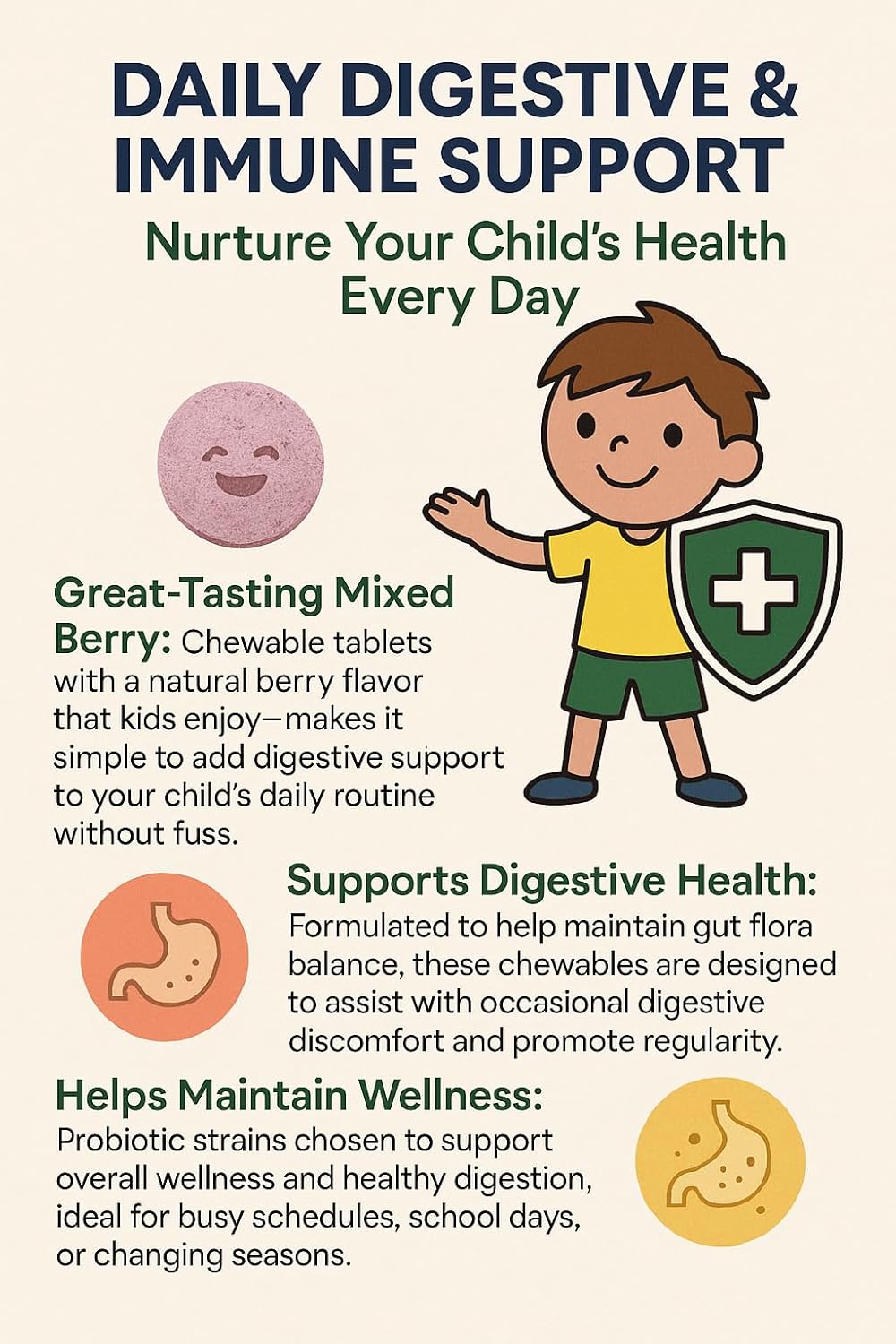 Children’s Probiotic, Chewable Gut Health Tablets for Kids, Supports Digestion, Immunity & Nutrient Absorption, No Artificial Additives, Mixed Berry, 60 Servings
