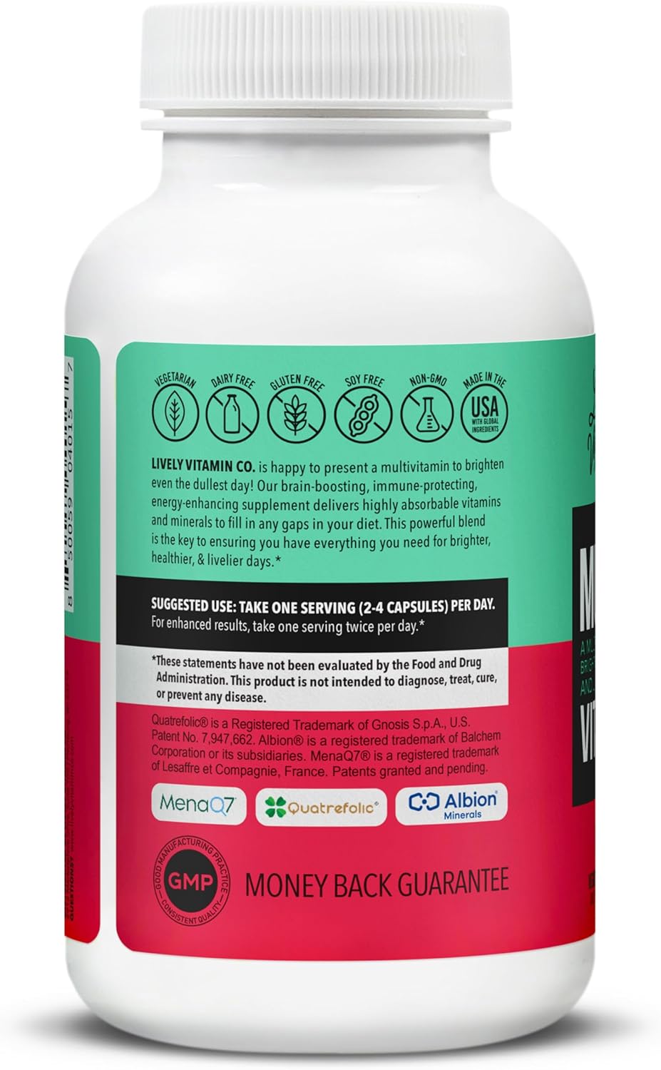 LIVELY VITAMIN CO. Multivitamin - 37 Vitamins Minerals and Extracts - Energy - Memory - Immune Function - Heart- Brain - Focus - Mood - Antioxidants - Dairy Gluten Soy Free - 60 Vegetarian Capsules