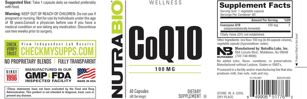 NutraBio CoQ10 Dietary Supplement, Healthy Heart Function & Cellular Energy Production, 100mg - 60 Capsules