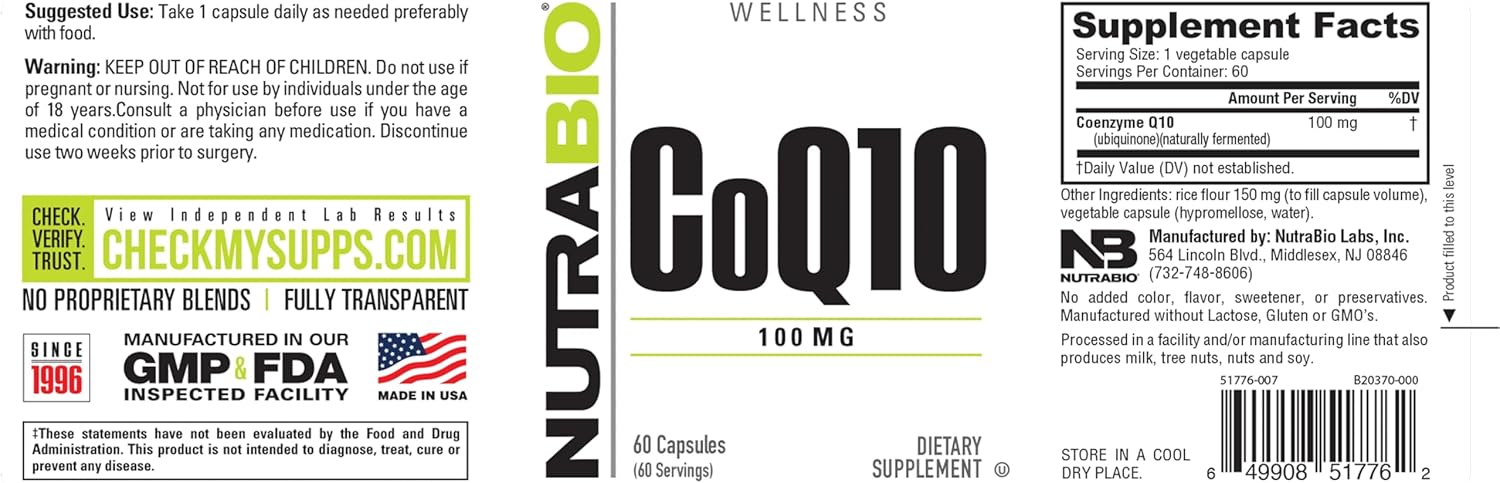 NutraBio CoQ10 Dietary Supplement, Healthy Heart Function & Cellular Energy Production, 100mg - 60 Capsules