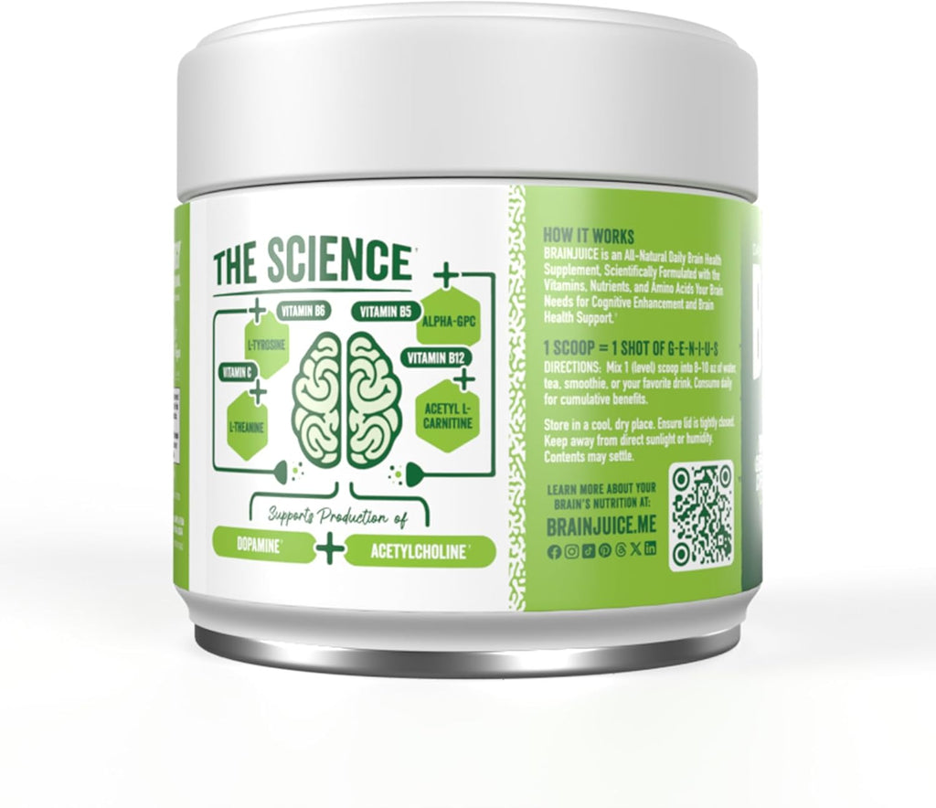 BrainJuice Nootropics Brain Support Supplement, Gluten Free Powder for Energy and Focus, Drink Mix with L Theanine, Alpha GPC, Vitamin B, Organic Green Tea Extract Caffeine, Classic, 15 Servings