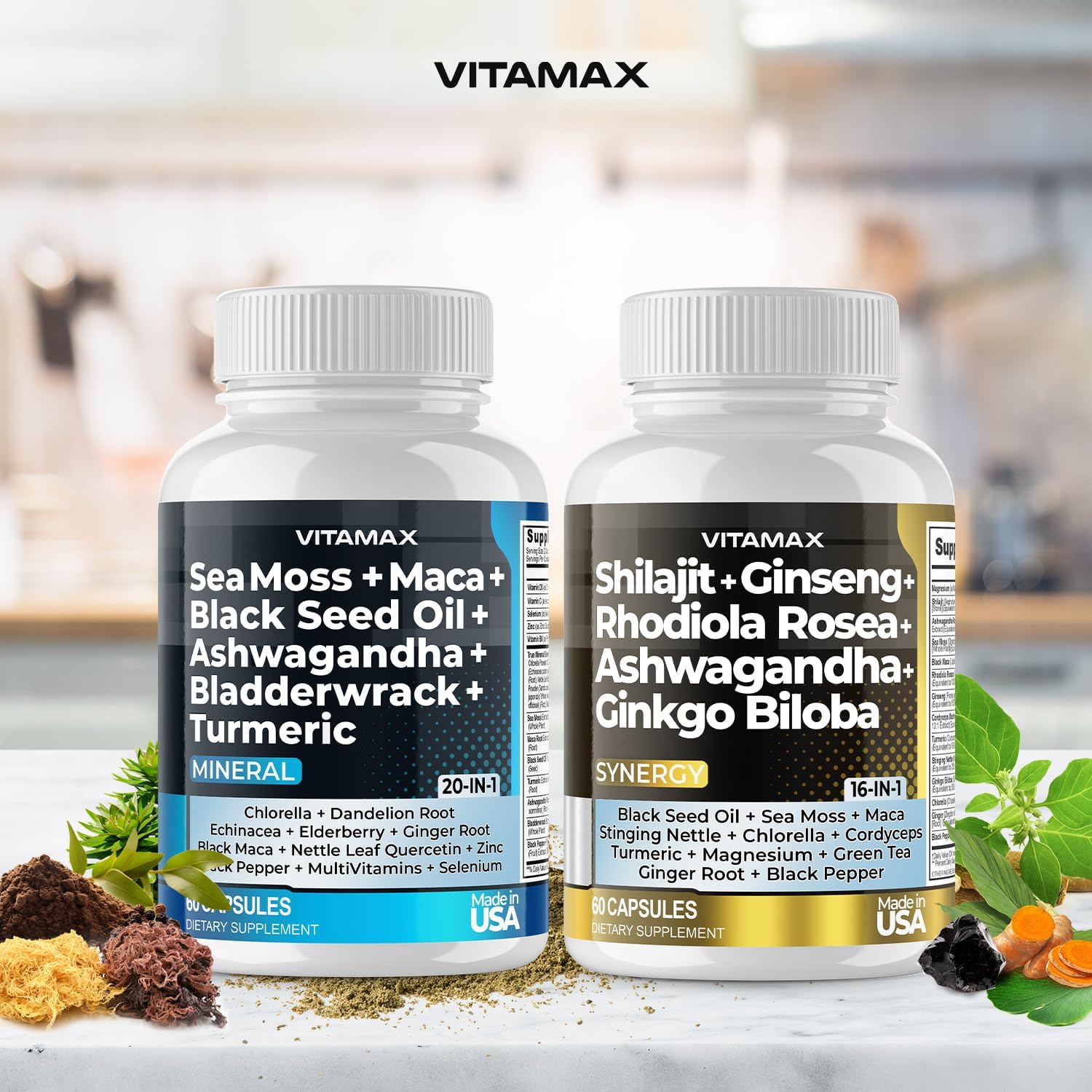Vitamax Pure Himalayan Shilajit Supplement, Sea Moss, Ashwagandha, Bladderwrack, Gingko Biloba, Organic Capsules & Trace Mineral for - Non-GMO - Vegan - Men and Women – Made in USA