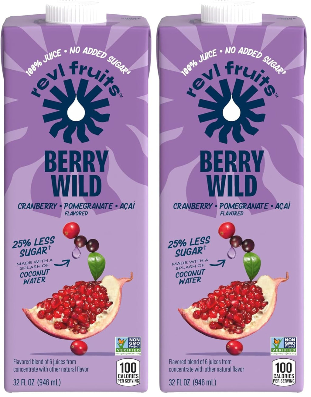 Revl Fruits™ 100% Juice, No Added Sugar, Cranberry Pomegranate Acai, Berry Wild, 32 fl oz. Carton (Pack of 2)