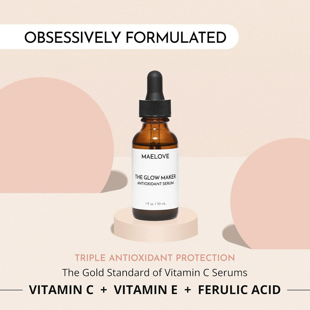 MAELOVE Glow Maker Vitamin C Serum with Vitamin E, Ferulic Acid & Hyaluronic Acid, Award-Winning Brightening and Hydrating Facial Serum, Unscented, 1.0 fl oz