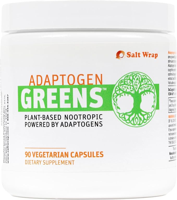 SaltWrap Adaptogen Greens - Mind-Body Resilience Formula - Caffeine-Free Nootropic for Stress, Focus, and Cognitive Performance - 90 Capsules
