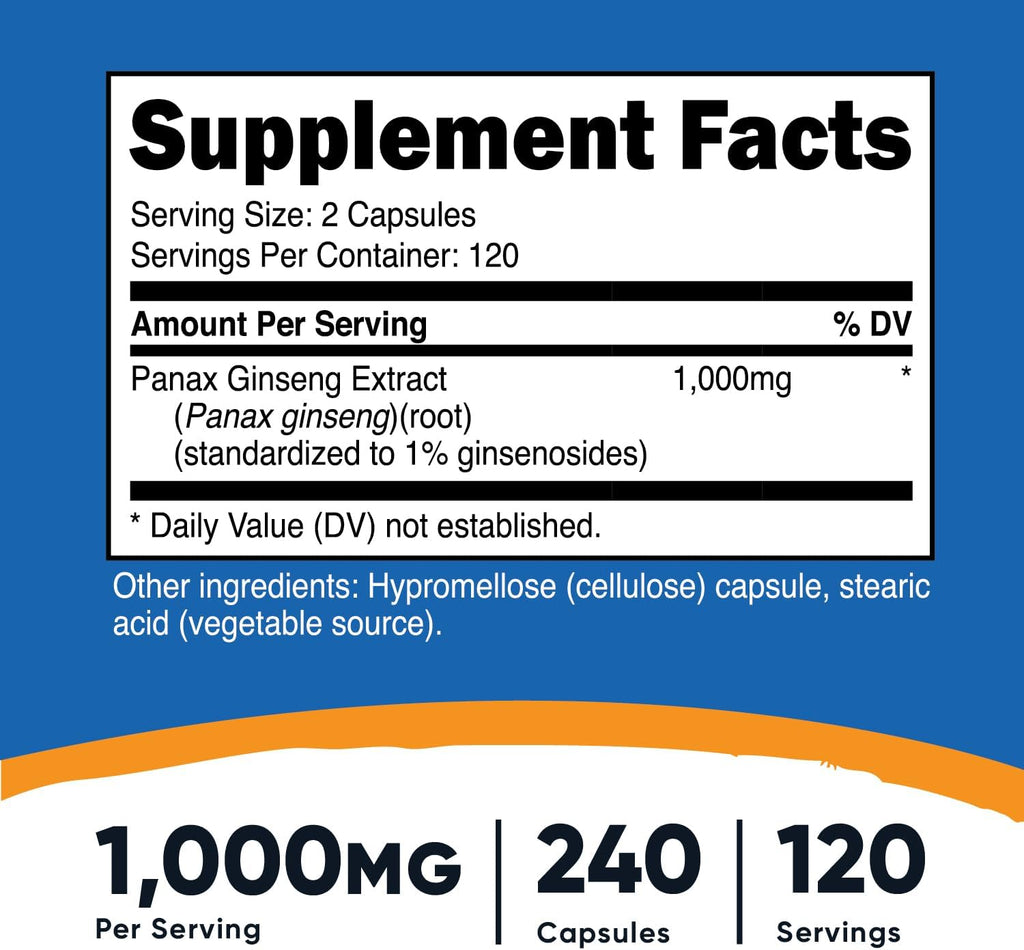 Nutricost Panax Ginseng 1000mg, 240 Capsules, 3 Bottles - Non GMO, Gluten Free, 120 Servings