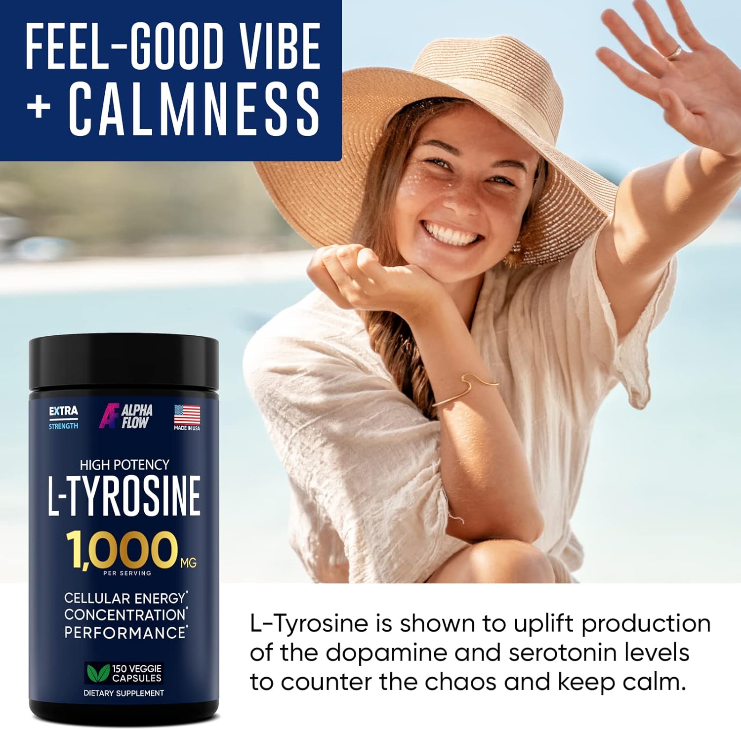 L Tyrosine 1000MG Capsules - All-Natural L- Tyrosine Supplement for Focus & Energy Boost - Non-GMO & Gluten-Free - Vegan 150 Caps -500mg x 2 per Serving