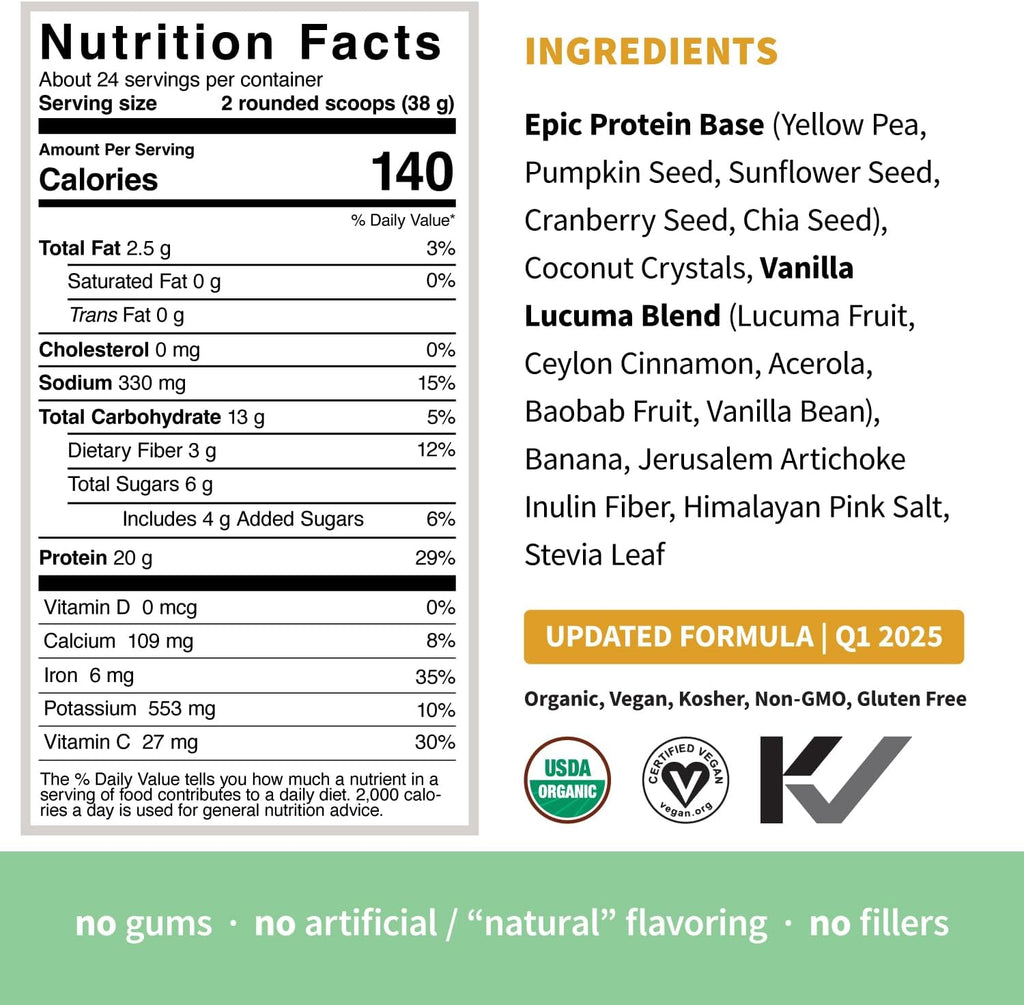 Sprout Living Epic Protein, Plant Based Protein & Superfoods Powder, Vanilla Lucuma Powder | 20 Grams Organic Protein Powder, Vegan, Non Dairy, Non-GMO, Gluten Free, Low Sugar (2 Pound, 24 Servings)