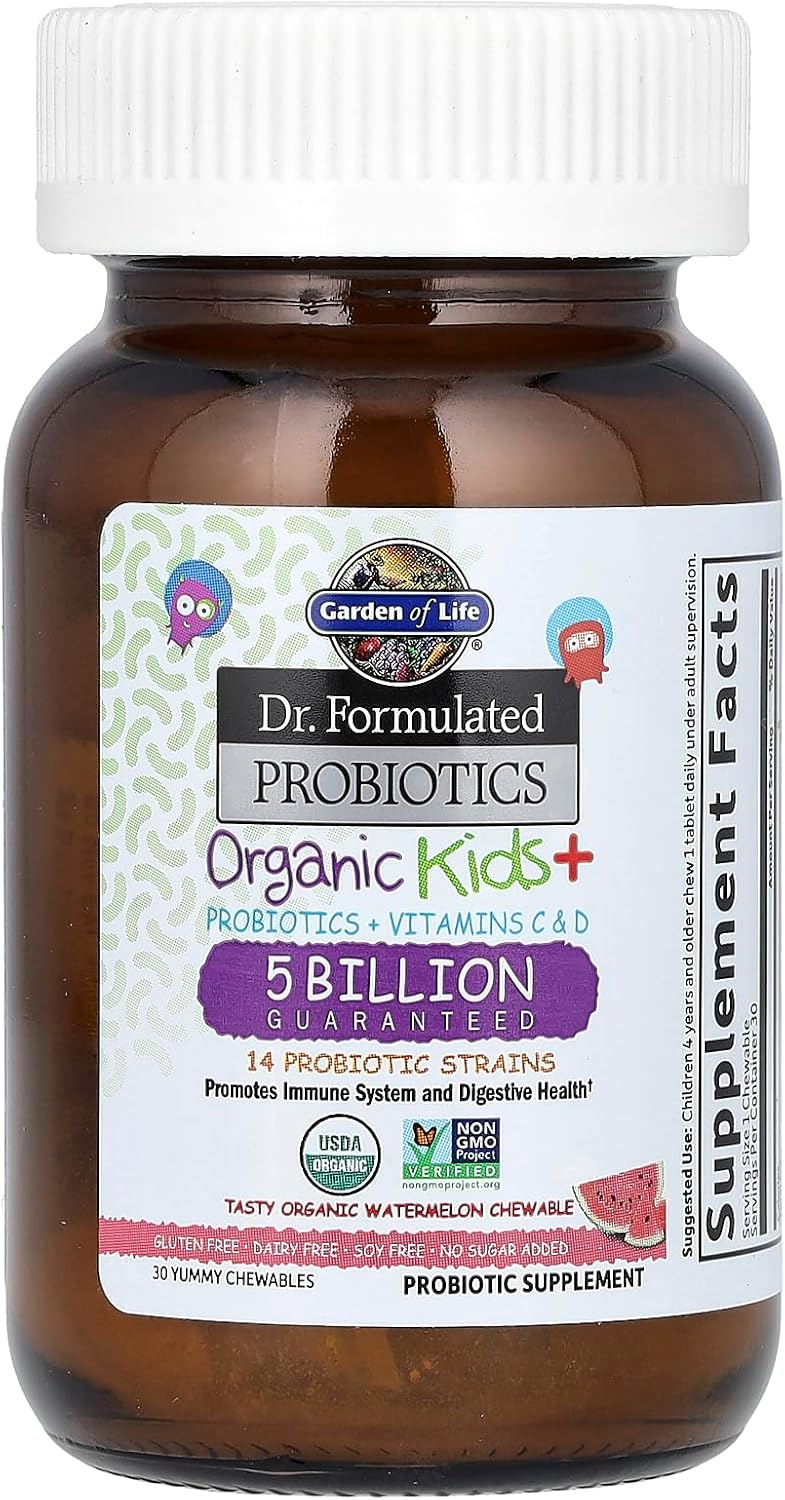 Garden of Life Dr. Formulated Probiotics Organic Kids+ plus Vitamin C & D - Watermelon - 5 Billion CFU Gluten, Dairy & Soy Free Immune & Digestive Health Supplement, No Added Sugar, 30 Chewables