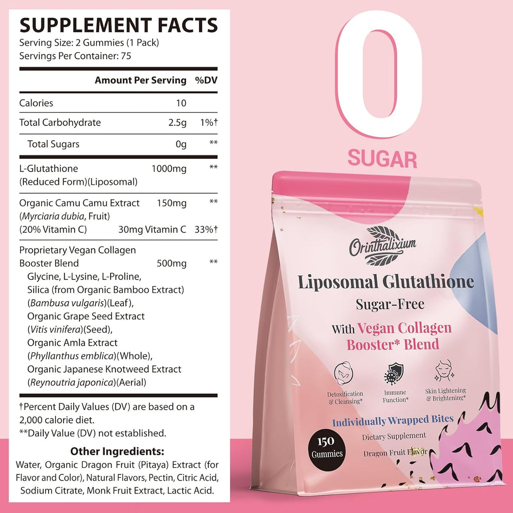 Liposomal Glutathione Gummies 1000MG - Sugar Free Reduced L-Glutathione with Vitamin C & Vegan Collagen - Antioxidant & Skin Wellness - 150 Count