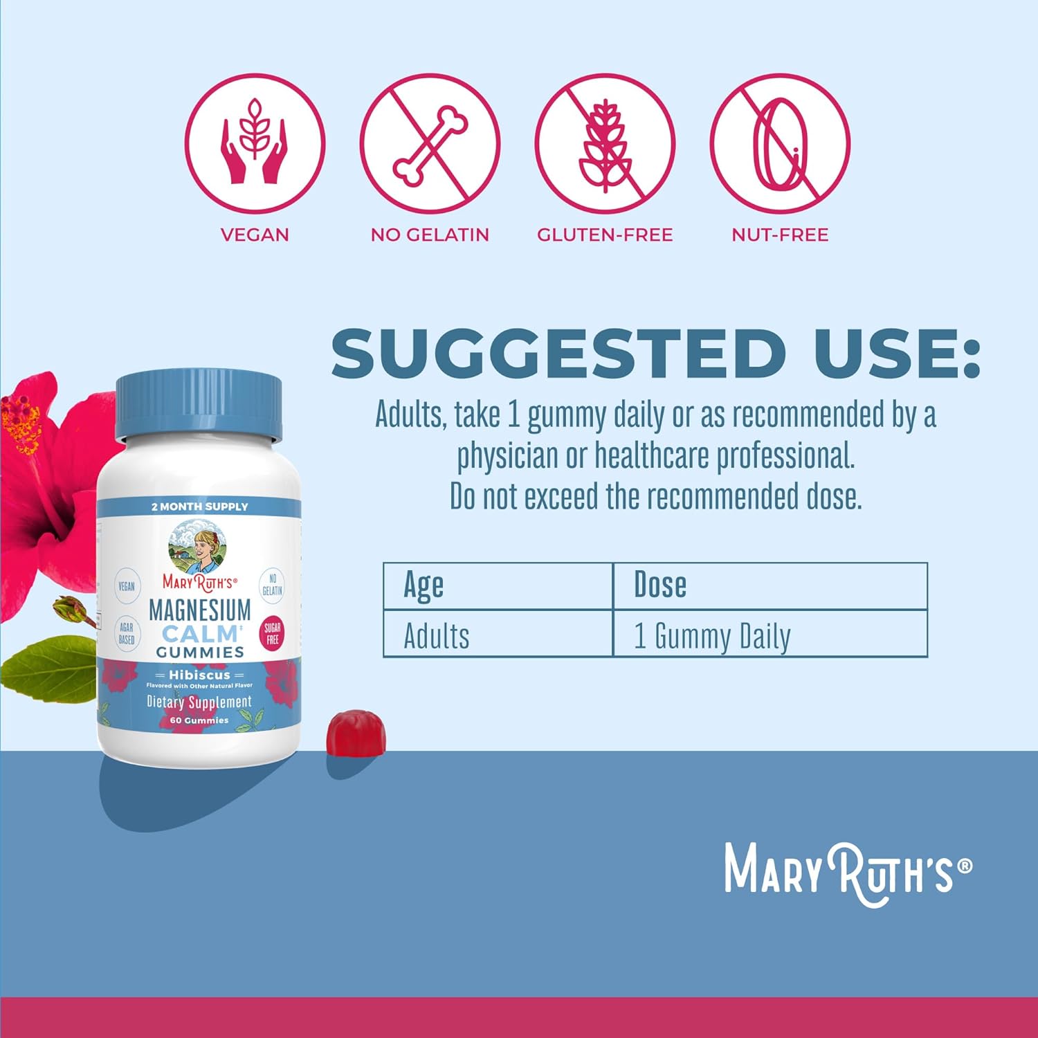 MaryRuth Organics Calm Magnesium Citrate Gummies | 2 Month Supply | Sugar Free | Magnesium Supplement for Adults | Stress Relief | Bone Health | Vegan | 60 Count