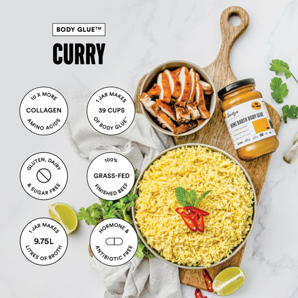 Gevity Rx Bone Broth Body Glue ® - CURRY - Bone Broth - Concentrate - 10x more collagen* - 39 servings - Sip, Cook, Create - 100% Grass Fed Beef Bones- 9.75 Litres, 329 Fl. Oz. (13.75 Ounce, Curry)
