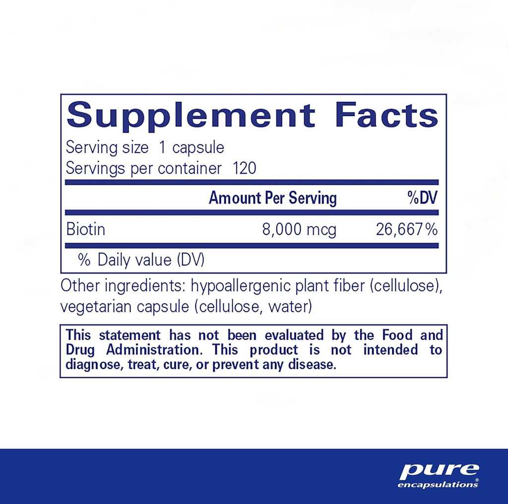 Pure Encapsulations Biotin 8 mg - B Vitamin Supplement to Aid Stress Relief, Hair, Skin & Nail Strengthening, Metabolism, Carbohydrate Support & Nervous System* - with Premium Biotin - 120 Capsules